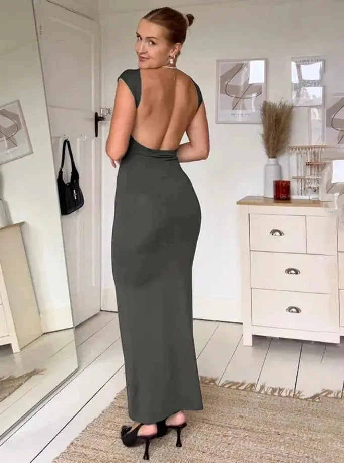 Elegant Short Sleeve Bodycon Maxi Dress O-neck Backless Lady Dresses - Blade & Thread