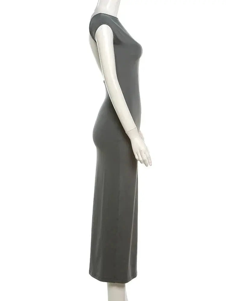 Elegant Short Sleeve Bodycon Maxi Dress O-neck Backless Lady Dresses - Blade & Thread