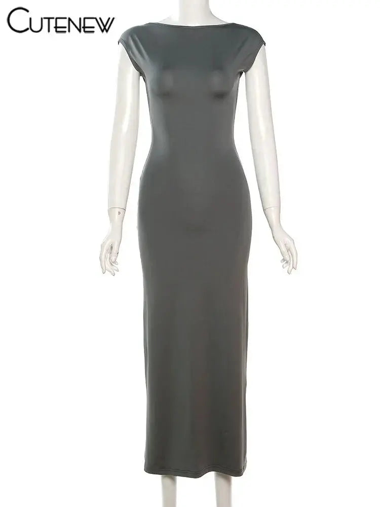 Elegant Short Sleeve Bodycon Maxi Dress O-neck Backless Lady Dresses - Blade & Thread