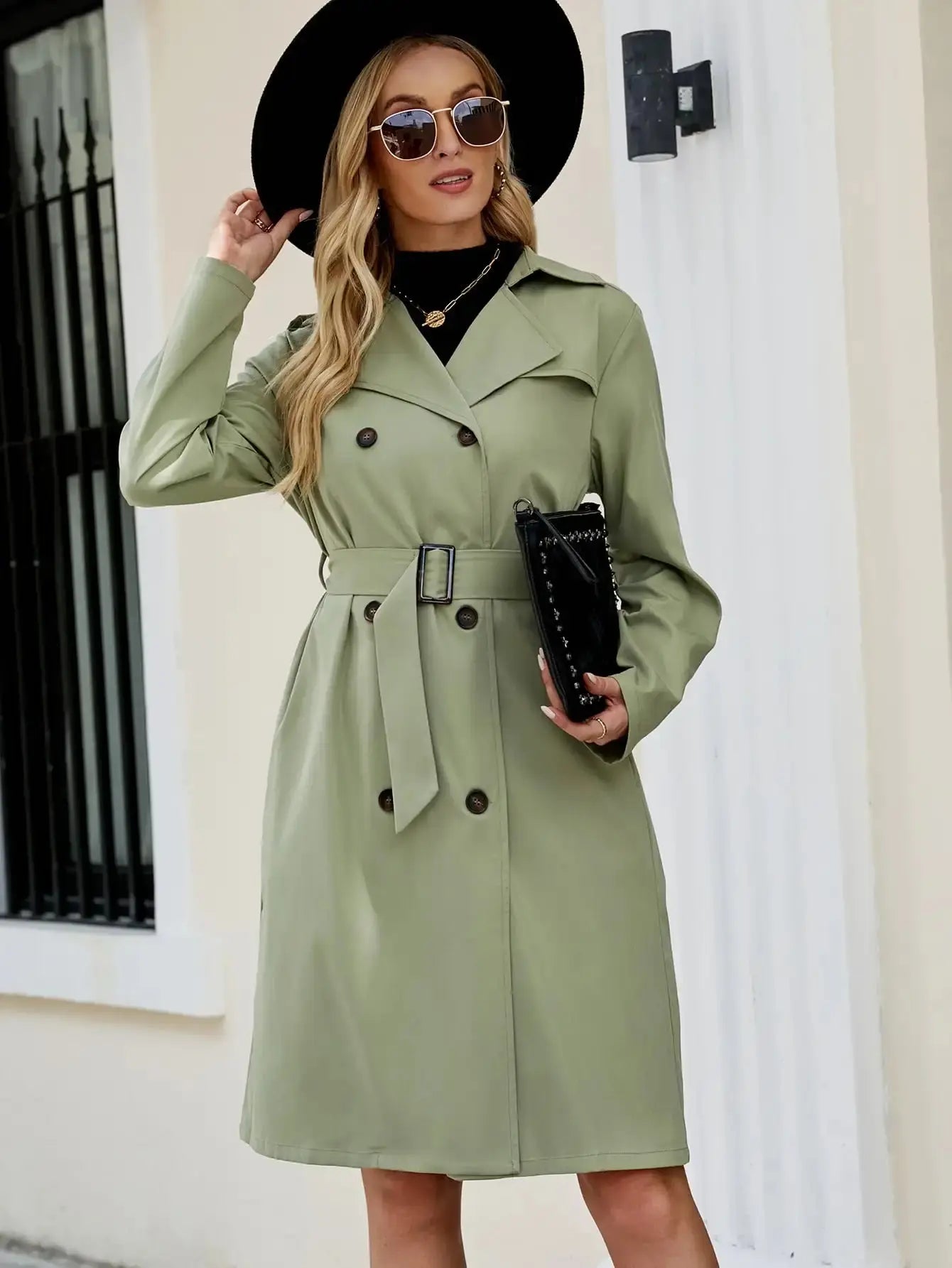 Elegant Solid Color Long Trench Double Breasted Long Sleeve Coats - Blade & Thread