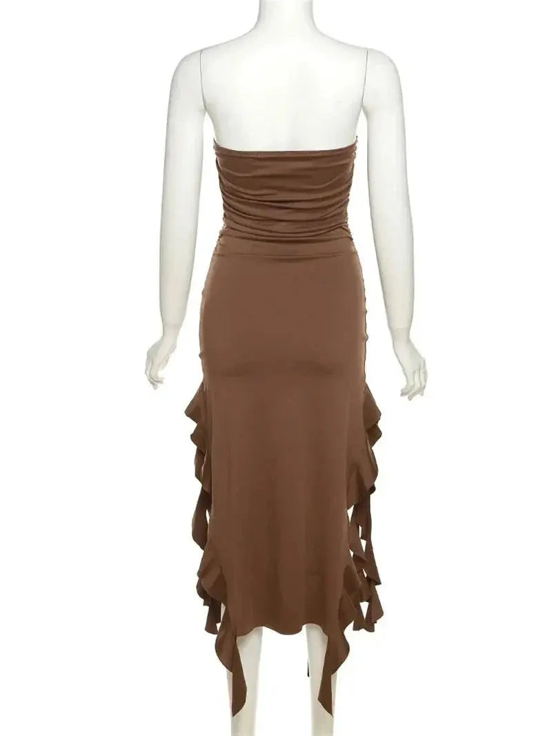 Elegant Strapless Dress Women Irregular Tassel Skinny Split Maxi Bodycon - Blade & Thread