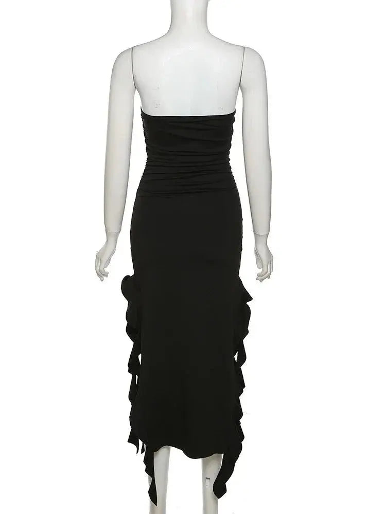 Elegant Strapless Dress Women Irregular Tassel Skinny Split Maxi Bodycon - Blade & Thread