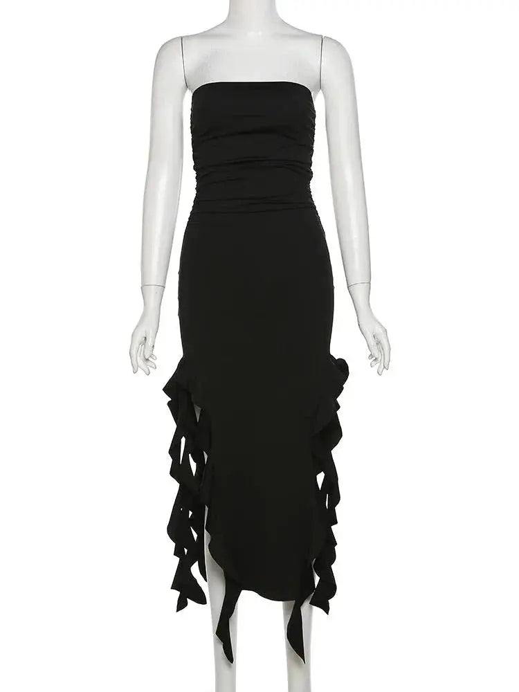 Elegant Strapless Dress Women Irregular Tassel Skinny Split Maxi Bodycon - Blade & Thread