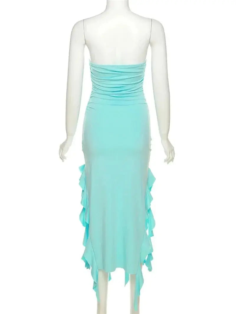 Elegant Strapless Dress Women Irregular Tassel Skinny Split Maxi Bodycon - Blade & Thread