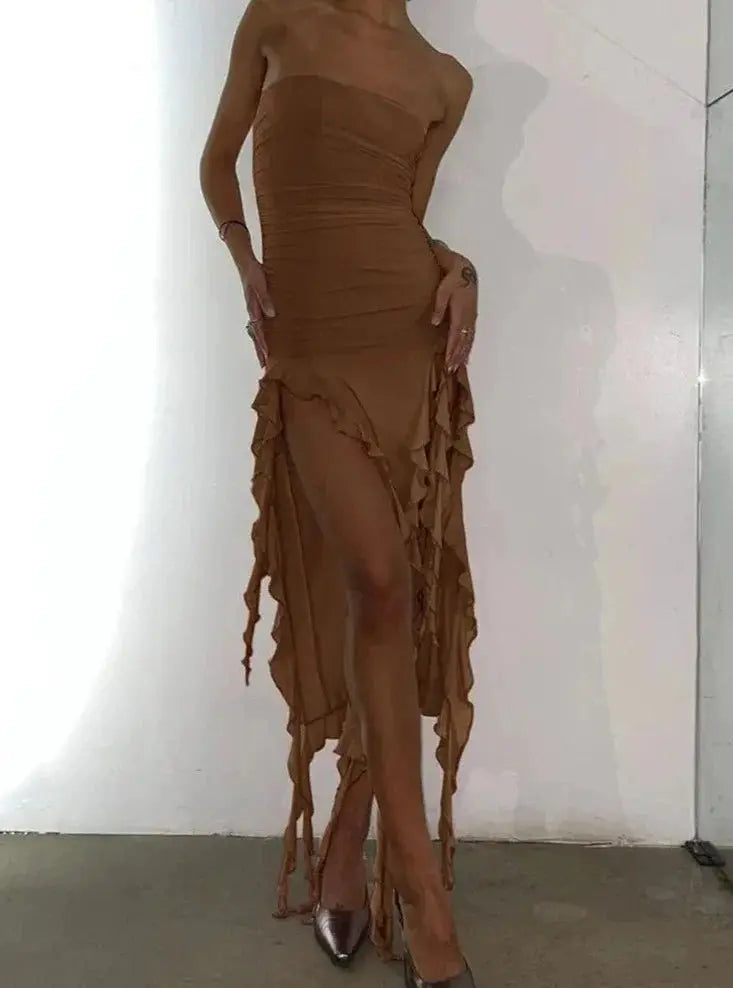 Elegant Strapless Dress Women Irregular Tassel Skinny Split Maxi Bodycon - Blade & Thread