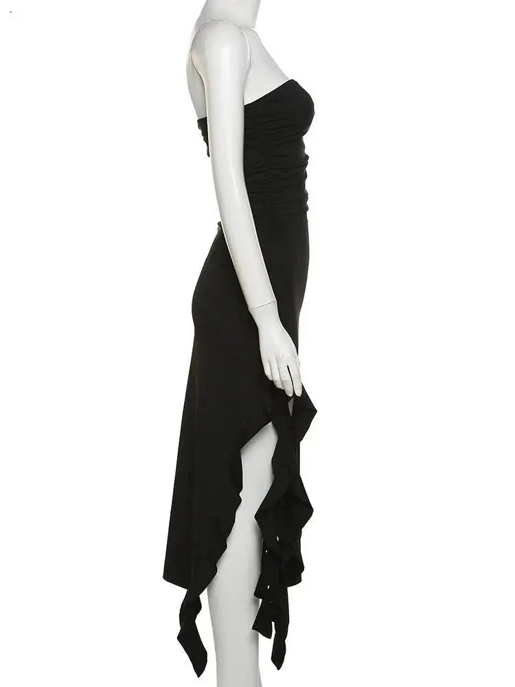 Elegant Strapless Dress Women Irregular Tassel Skinny Split Maxi Bodycon - Blade & Thread
