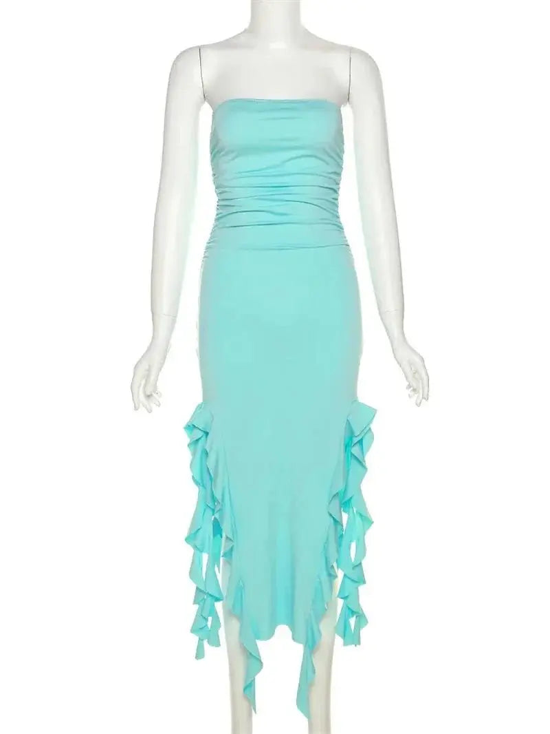 Elegant Strapless Dress Women Irregular Tassel Skinny Split Maxi Bodycon - Blade & Thread