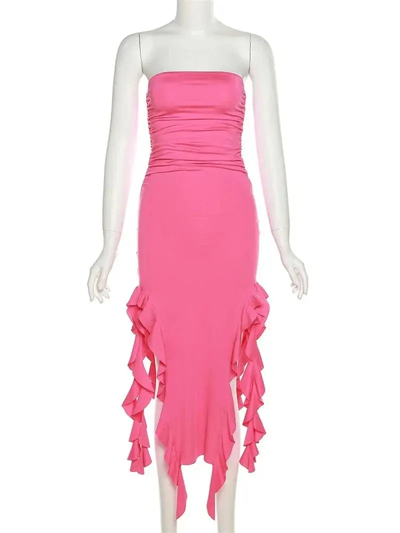 Elegant Strapless Dress Women Irregular Tassel Skinny Split Maxi Bodycon - Blade & Thread