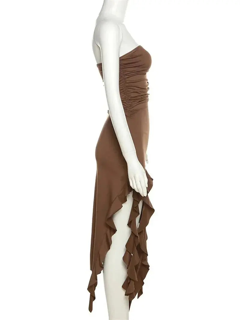 Elegant Strapless Dress Women Irregular Tassel Skinny Split Maxi Bodycon - Blade & Thread