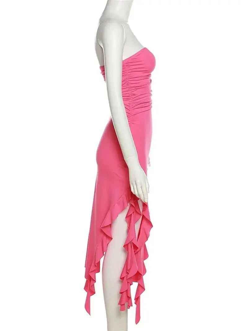 Elegant Strapless Dress Women Irregular Tassel Skinny Split Maxi Bodycon - Blade & Thread