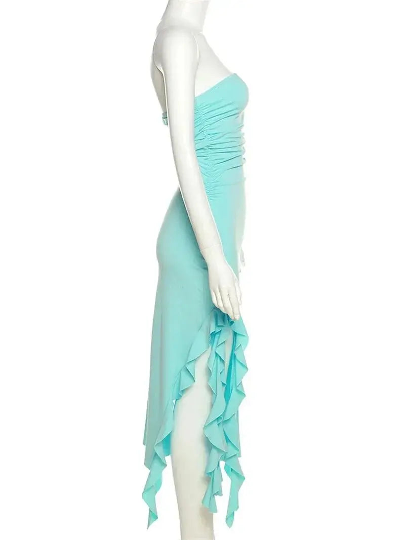 Elegant Strapless Dress Women Irregular Tassel Skinny Split Maxi Bodycon - Blade & Thread