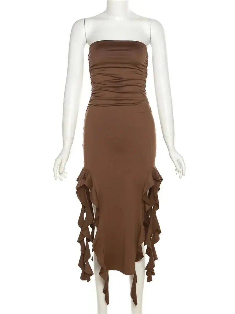 Elegant Strapless Dress Women Irregular Tassel Skinny Split Maxi Bodycon - Blade & Thread