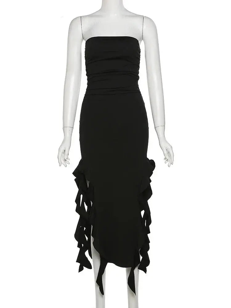 Elegant Strapless Dress Women Irregular Tassel Skinny Split Maxi Bodycon - Blade & Thread