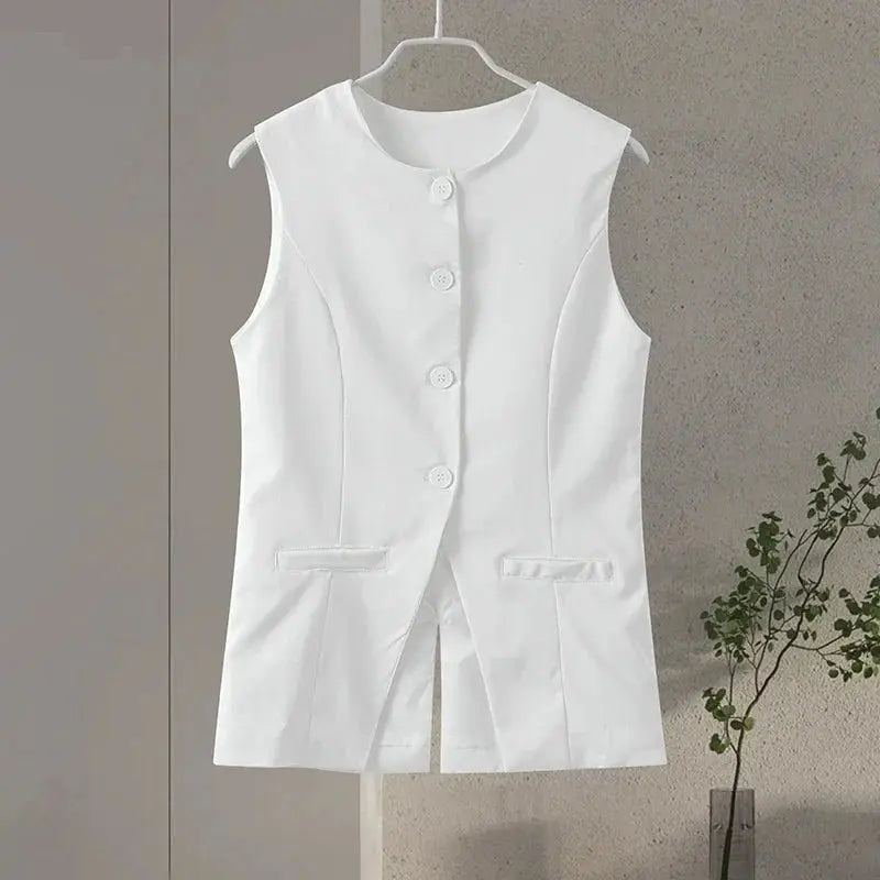 Elegant White Shorts Sets Sleeveless Single Breasted Top High Waist Shorts - Blade & Thread