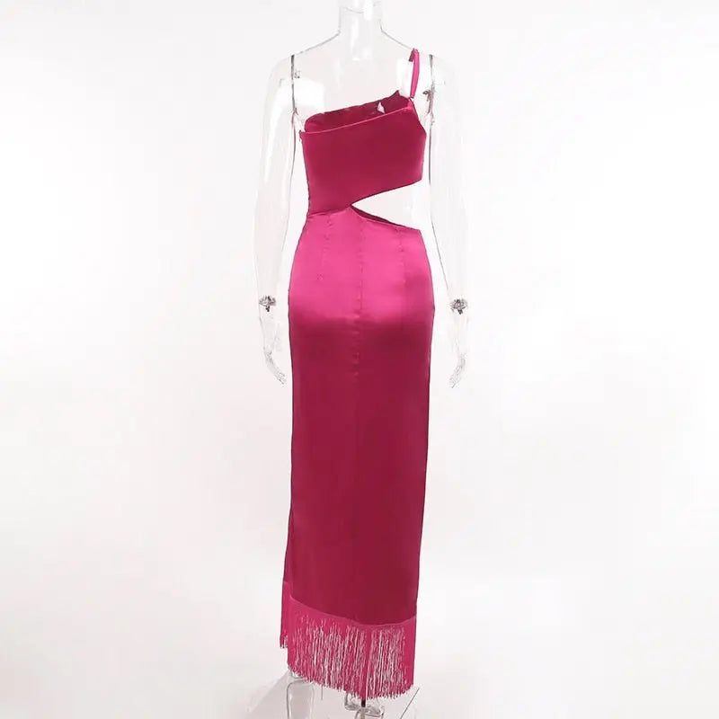Elegant Women Diagonal Tassels Long Slip Party Dresses Sexy Off Shoulder Hollow Out Dress - Blade & Thread