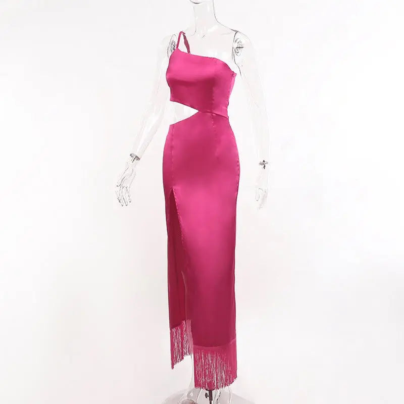 Elegant Women Diagonal Tassels Long Slip Party Dresses Sexy Off Shoulder Hollow Out Dress - Blade & Thread