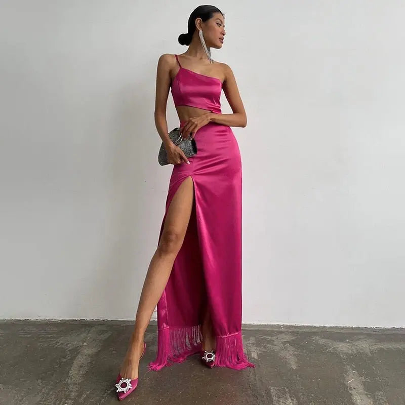 Elegant Women Diagonal Tassels Long Slip Party Dresses Sexy Off Shoulder Hollow Out Dress - Blade & Thread