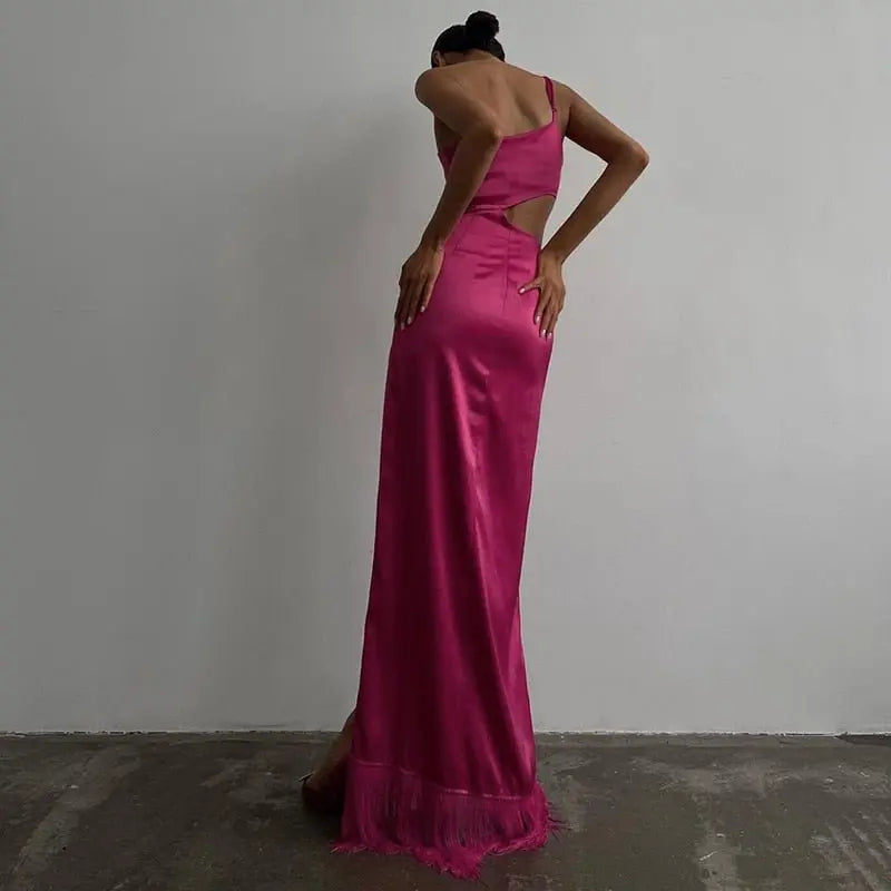 Elegant Women Diagonal Tassels Long Slip Party Dresses Sexy Off Shoulder Hollow Out Dress - Blade & Thread