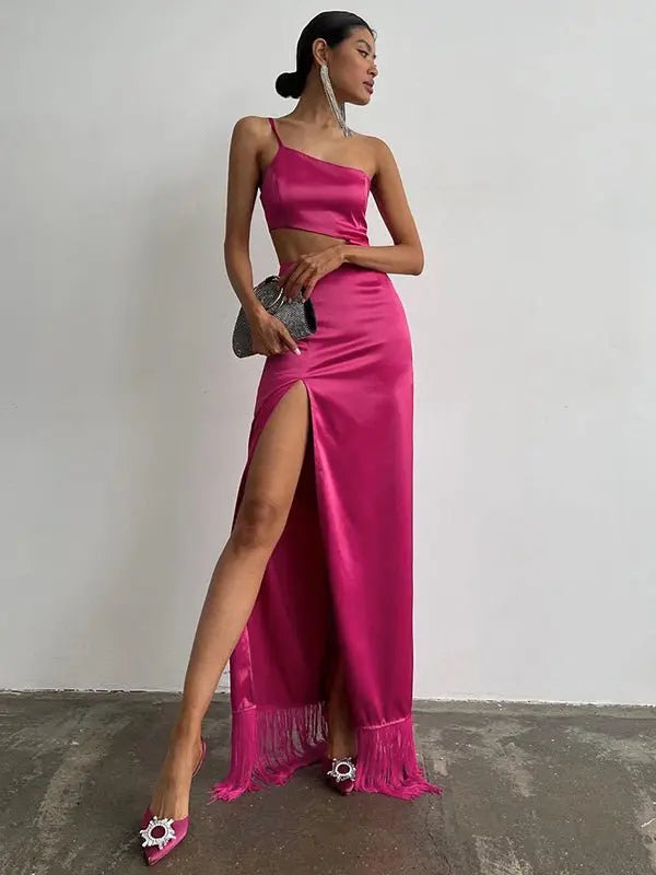 Elegant Women Diagonal Tassels Long Slip Party Dresses Sexy Off Shoulder Hollow Out Dress - Blade & Thread