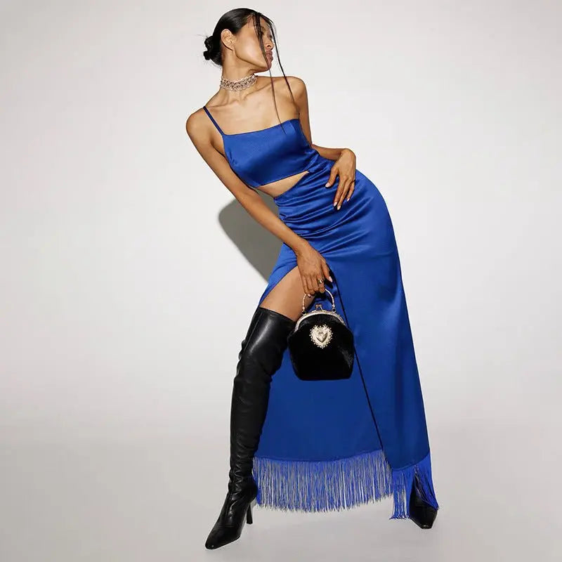 Elegant Women Diagonal Tassels Long Slip Party Dresses Sexy Off Shoulder Hollow Out Dress - Blade & Thread