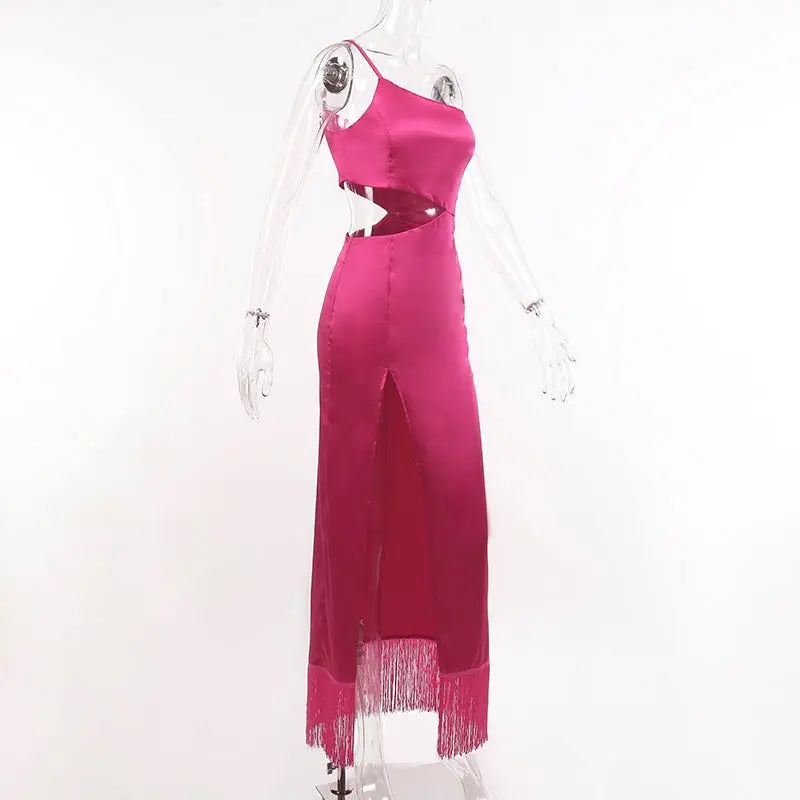 Elegant Women Diagonal Tassels Long Slip Party Dresses Sexy Off Shoulder Hollow Out Dress - Blade & Thread
