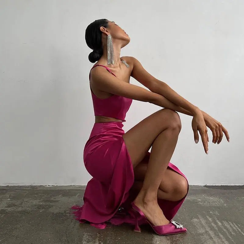 Elegant Women Diagonal Tassels Long Slip Party Dresses Sexy Off Shoulder Hollow Out Dress - Blade & Thread