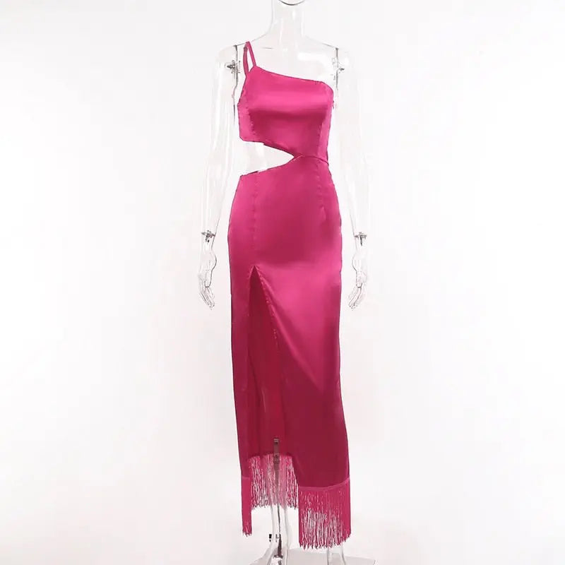 Elegant Women Diagonal Tassels Long Slip Party Dresses Sexy Off Shoulder Hollow Out Dress - Blade & Thread