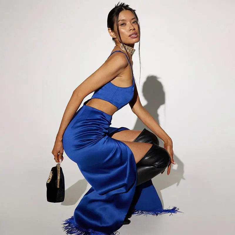 Elegant Women Diagonal Tassels Long Slip Party Dresses Sexy Off Shoulder Hollow Out Dress - Blade & Thread