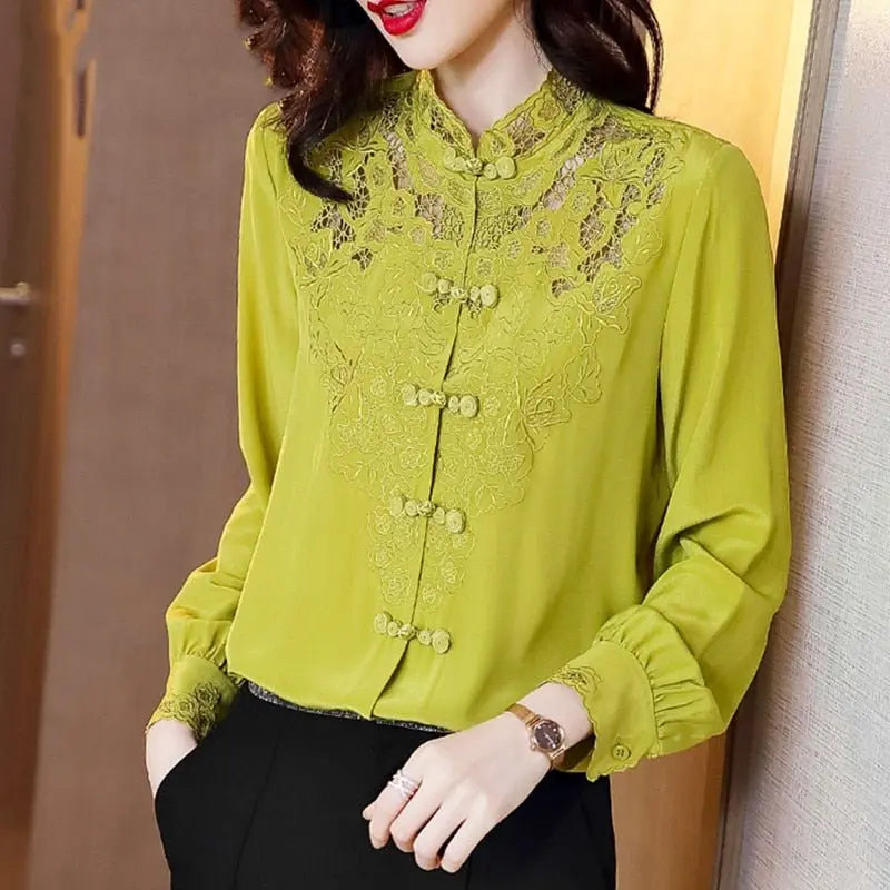 Embroidery Hollow Blouse Women Long Sleeve Imitation Silk Top Loose Vintage Shirt Plus Size - Blade & Thread