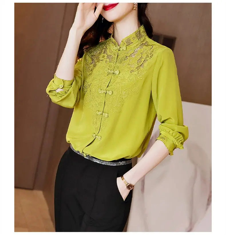Embroidery Hollow Blouse Women Long Sleeve Imitation Silk Top Loose Vintage Shirt Plus Size - Blade & Thread