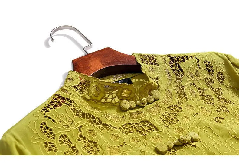 Embroidery Hollow Blouse Women Long Sleeve Imitation Silk Top Loose Vintage Shirt Plus Size - Blade & Thread
