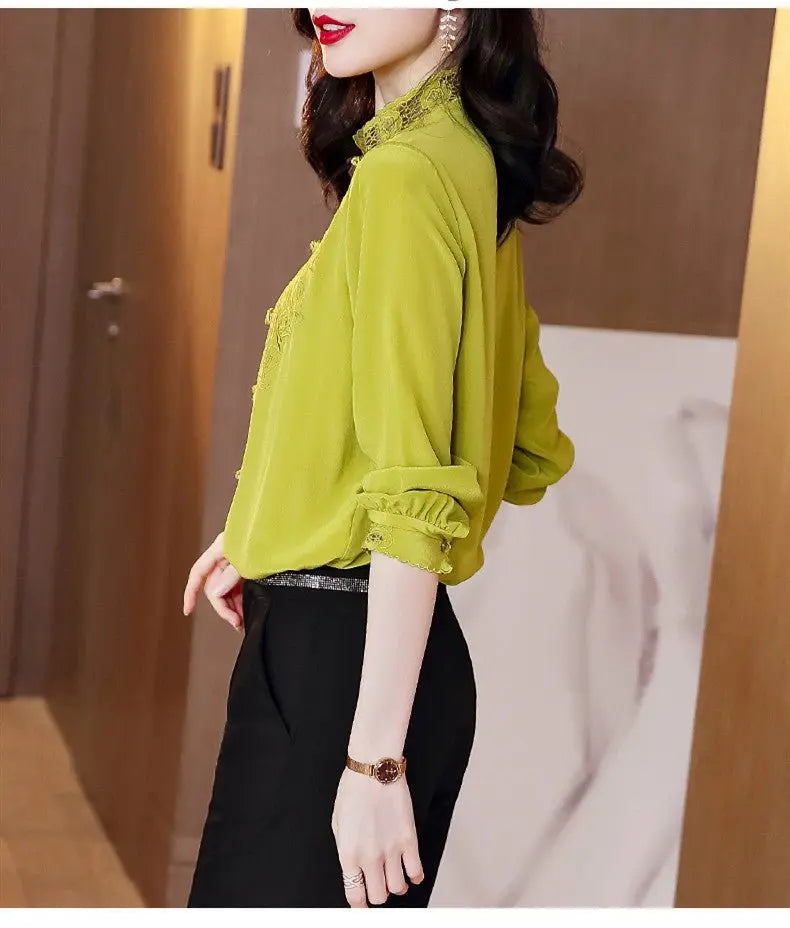 Embroidery Hollow Blouse Women Long Sleeve Imitation Silk Top Loose Vintage Shirt Plus Size - Blade & Thread
