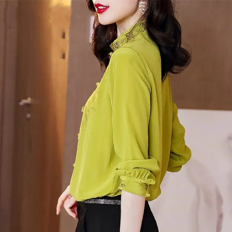Embroidery Hollow Blouse Women Long Sleeve Imitation Silk Top Loose Vintage Shirt Plus Size - Blade & Thread