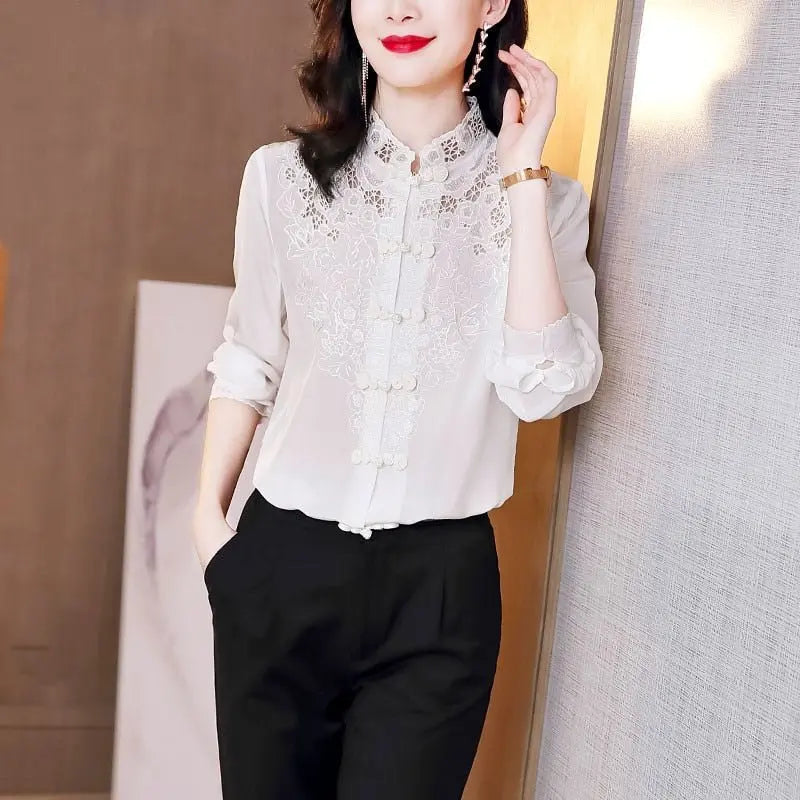 Embroidery Hollow Blouse Women Long Sleeve Imitation Silk Top Loose Vintage Shirt Plus Size - Blade & Thread