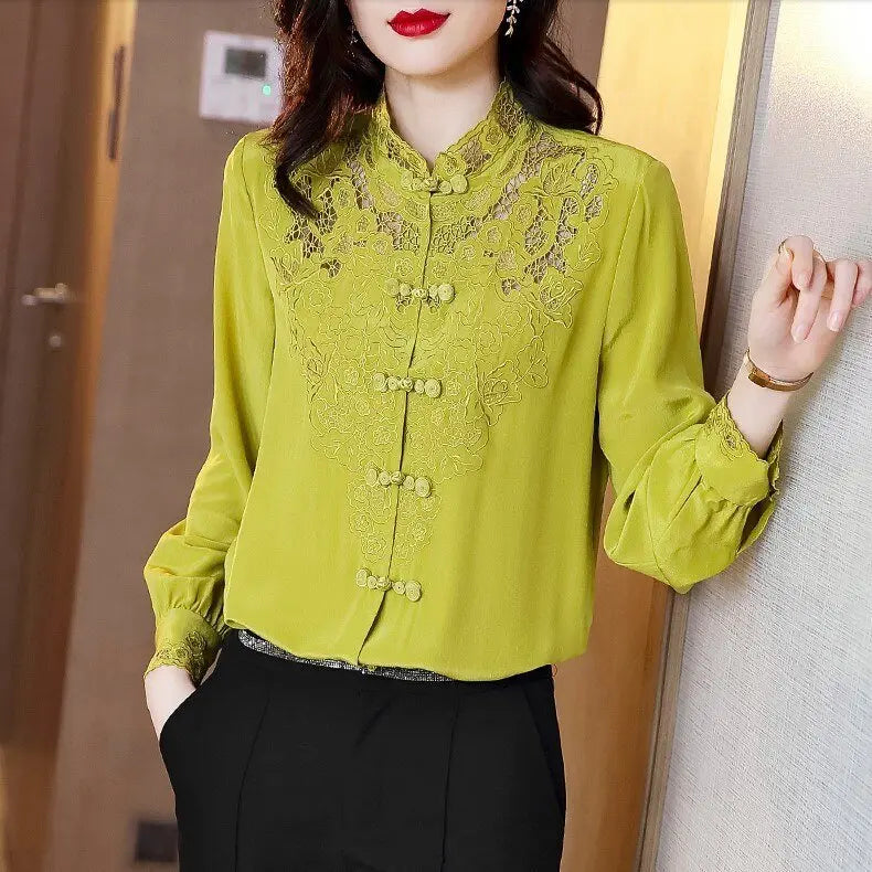 Embroidery Hollow Blouse Women Long Sleeve Imitation Silk Top Loose Vintage Shirt Plus Size - Blade & Thread