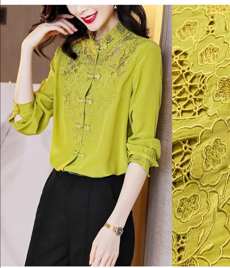Embroidery Hollow Blouse Women Long Sleeve Imitation Silk Top Loose Vintage Shirt Plus Size - Blade & Thread