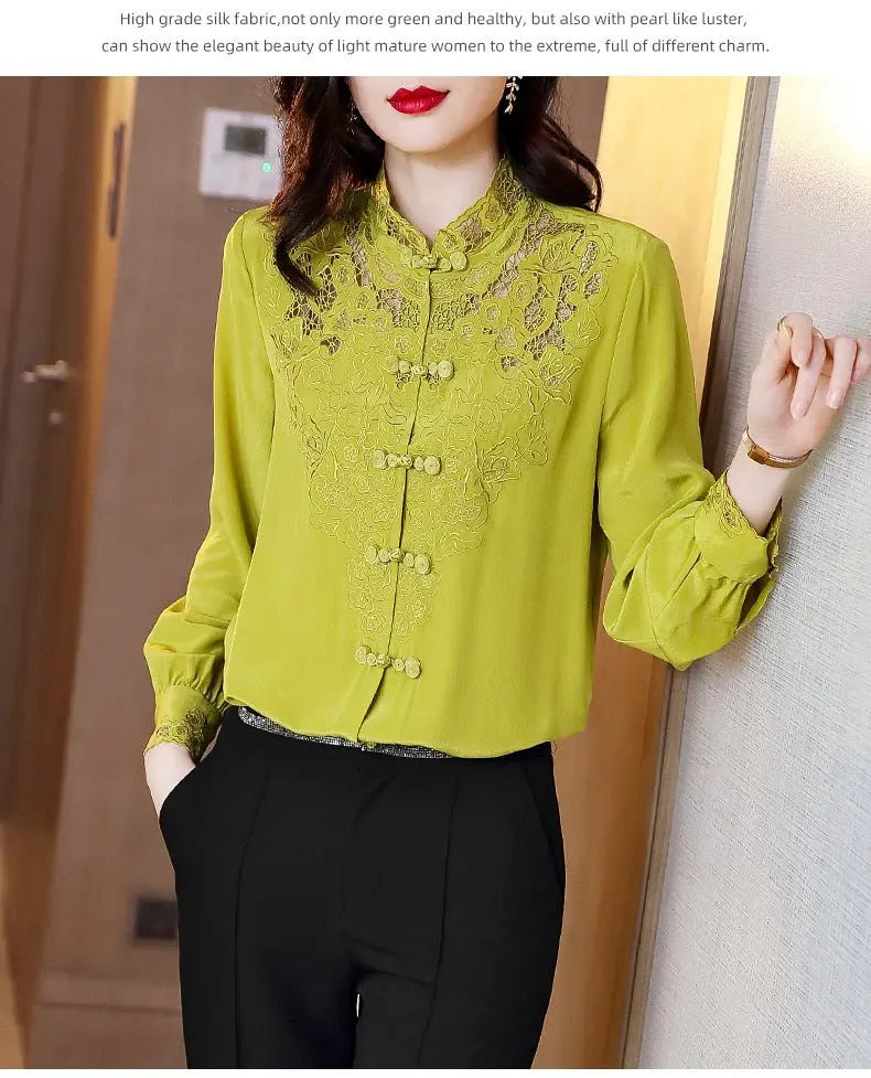 Embroidery Hollow Blouse Women Long Sleeve Imitation Silk Top Loose Vintage Shirt Plus Size - Blade & Thread