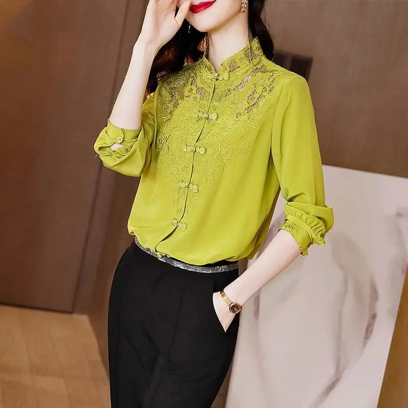 Embroidery Hollow Blouse Women Long Sleeve Imitation Silk Top Loose Vintage Shirt Plus Size - Blade & Thread