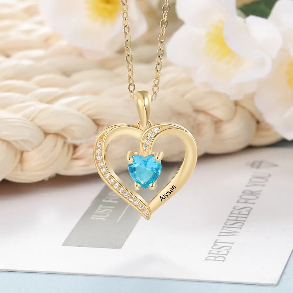 Engrave Name Heart Pendants with Customize Birthstone Necklace - Blade & Thread