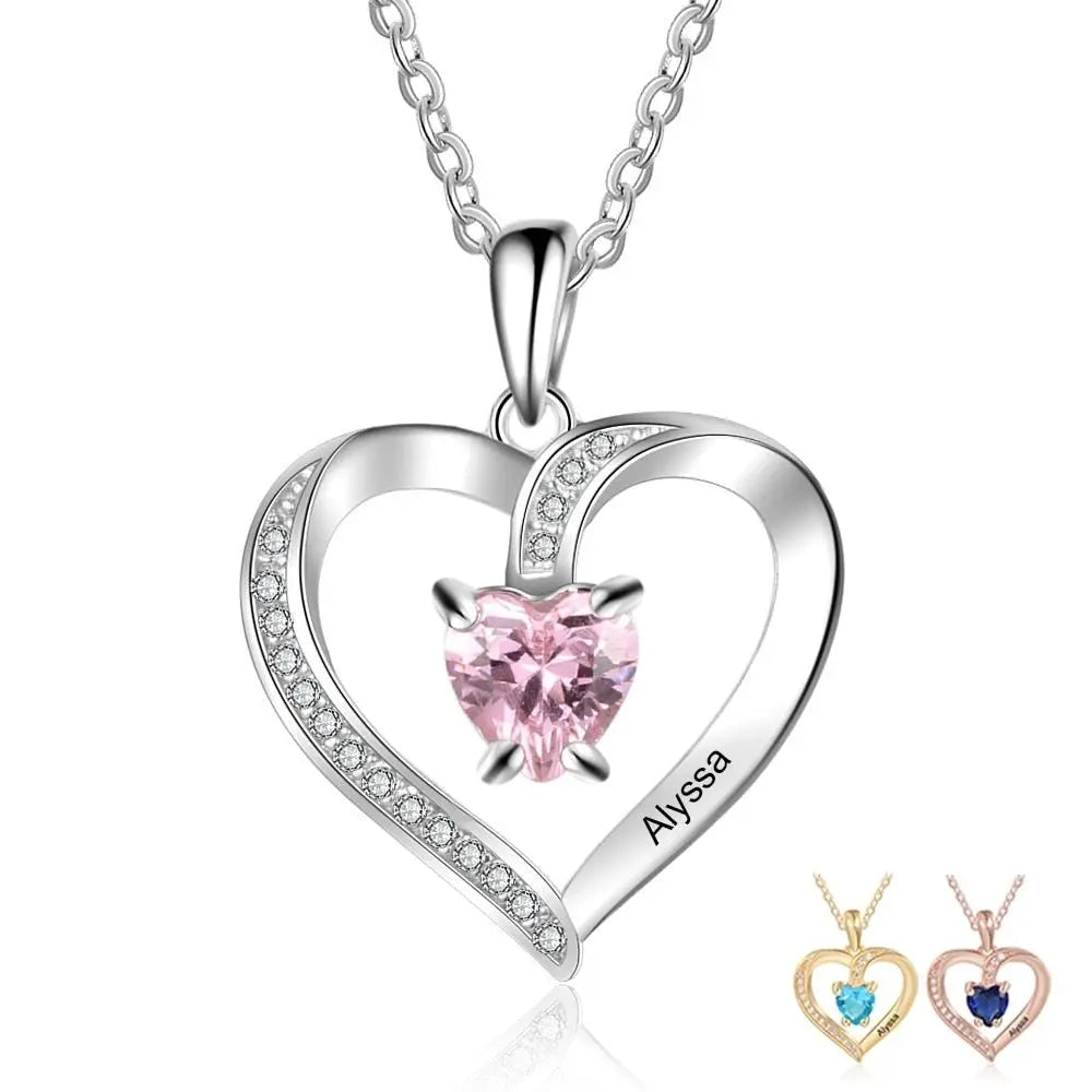 Engrave Name Heart Pendants with Customize Birthstone Necklace - Blade & Thread
