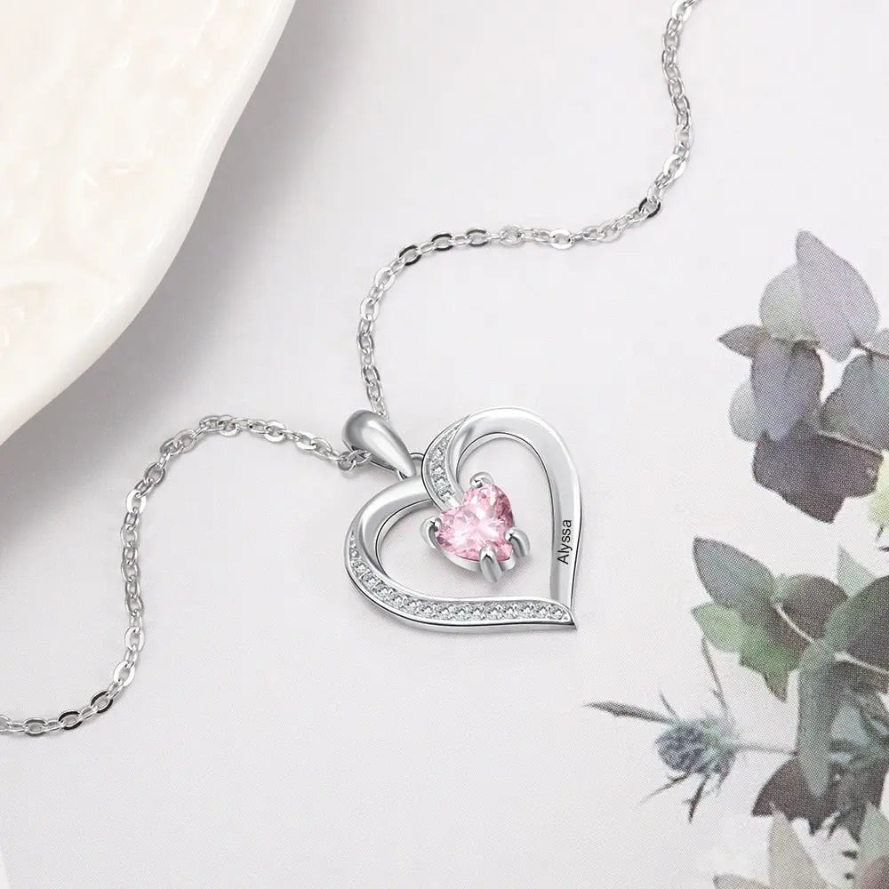 Engrave Name Heart Pendants with Customize Birthstone Necklace - Blade & Thread