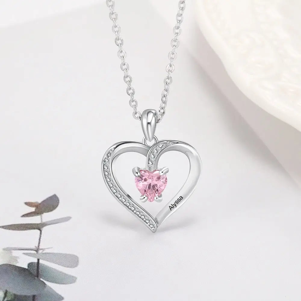 Engrave Name Heart Pendants with Customize Birthstone Necklace - Blade & Thread