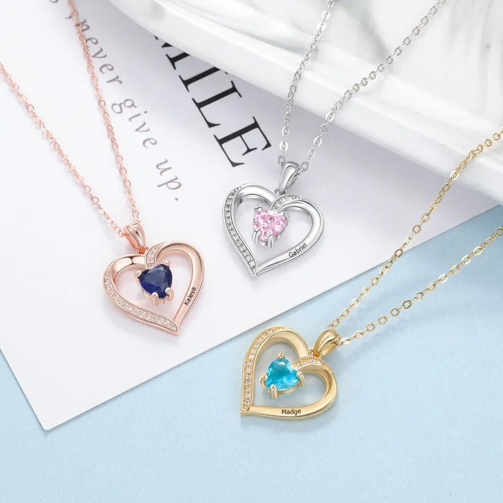 Engrave Name Heart Pendants with Customize Birthstone Necklace - Blade & Thread