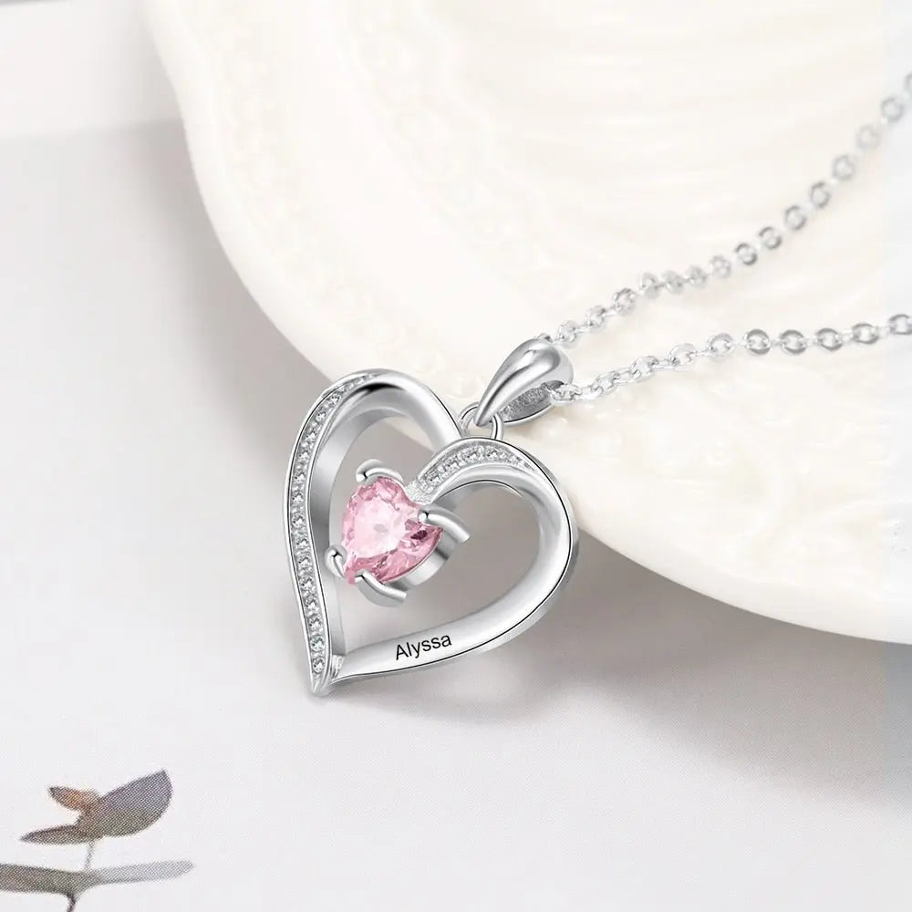 Engrave Name Heart Pendants with Customize Birthstone Necklace - Blade & Thread