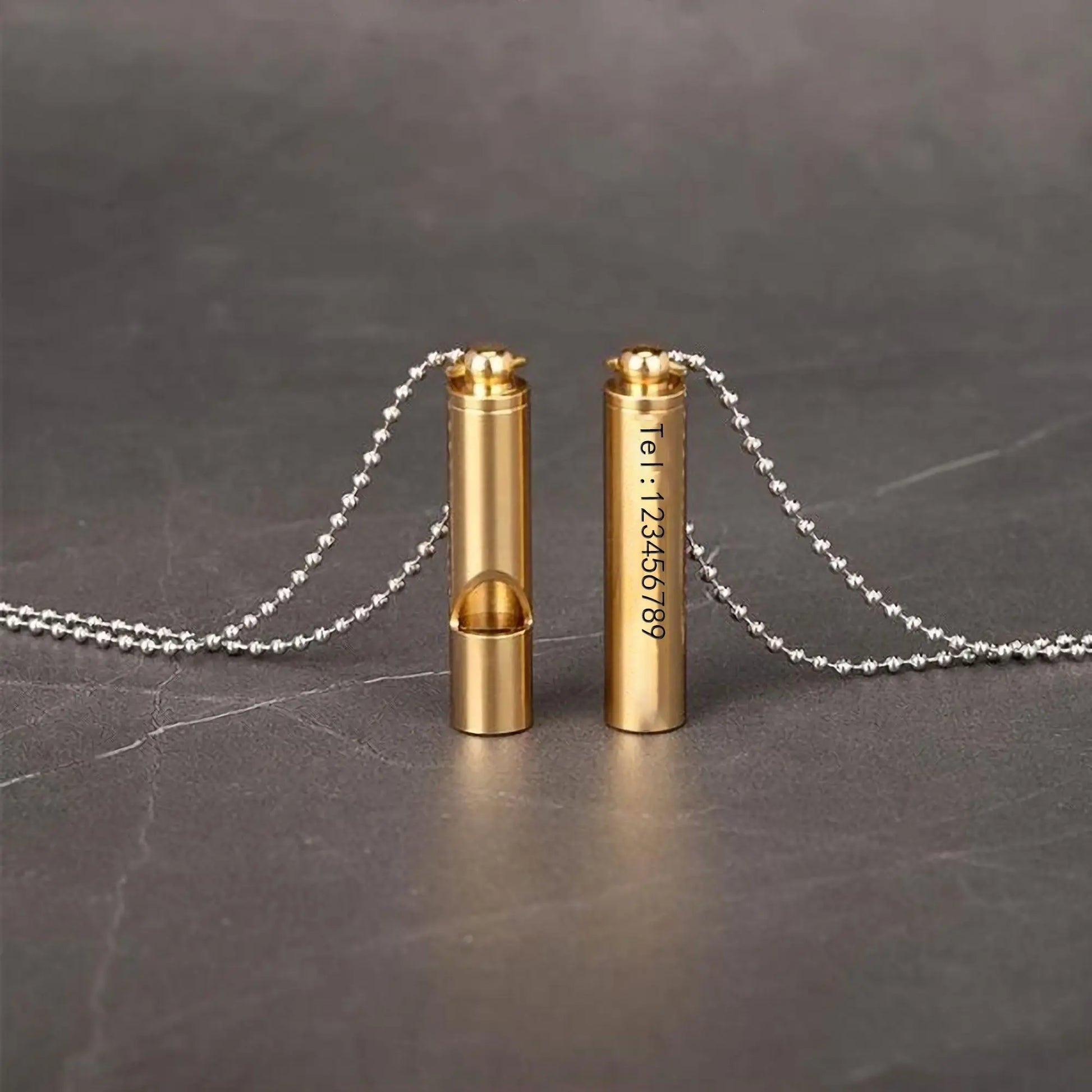 Engraved Text Brass Whistle Necklaces Custom Phone Number Children Anti-lost Necklace - Blade & Thread