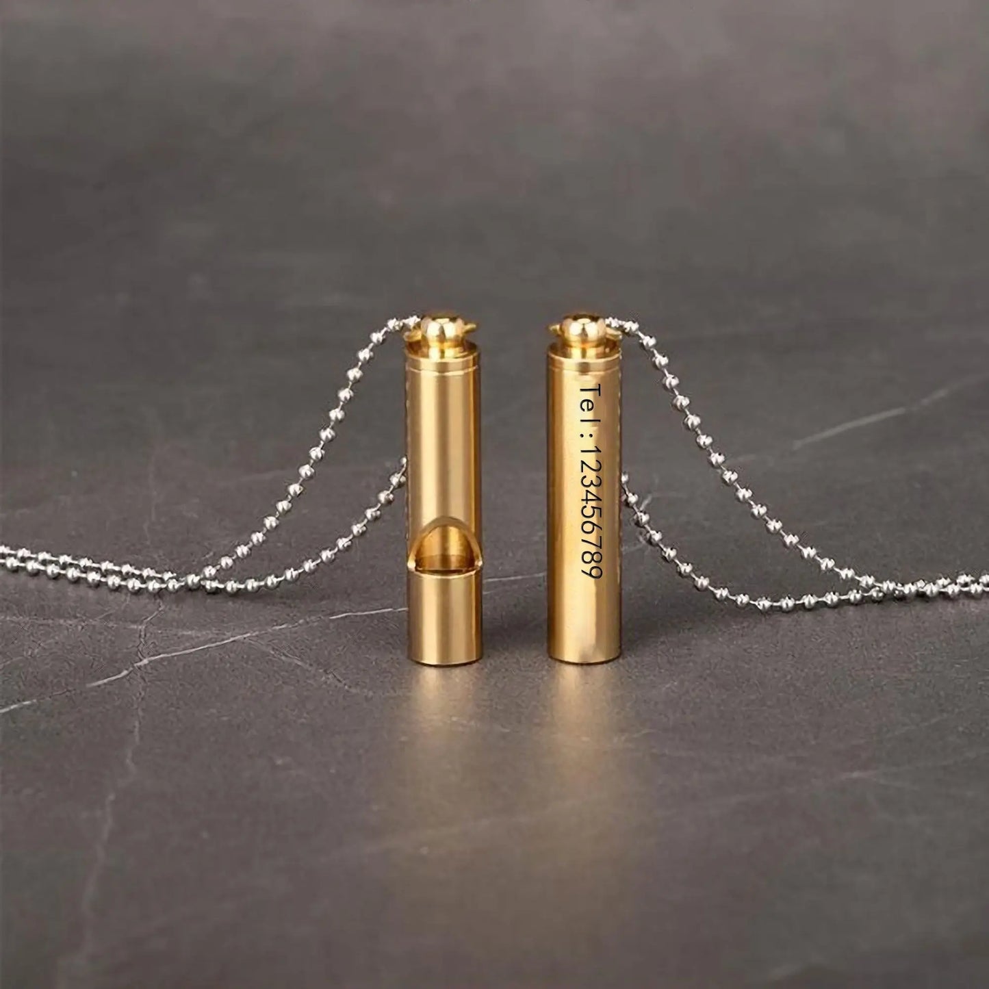 Engraved Text Brass Whistle Necklaces Custom Phone Number Children Anti-lost Necklace - Blade & Thread