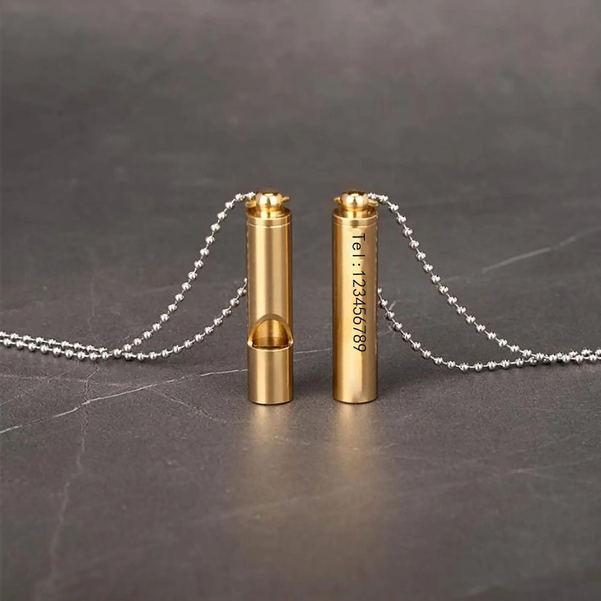 Engraved Text Brass Whistle Necklaces Custom Phone Number Children Anti-lost Necklace - Blade & Thread