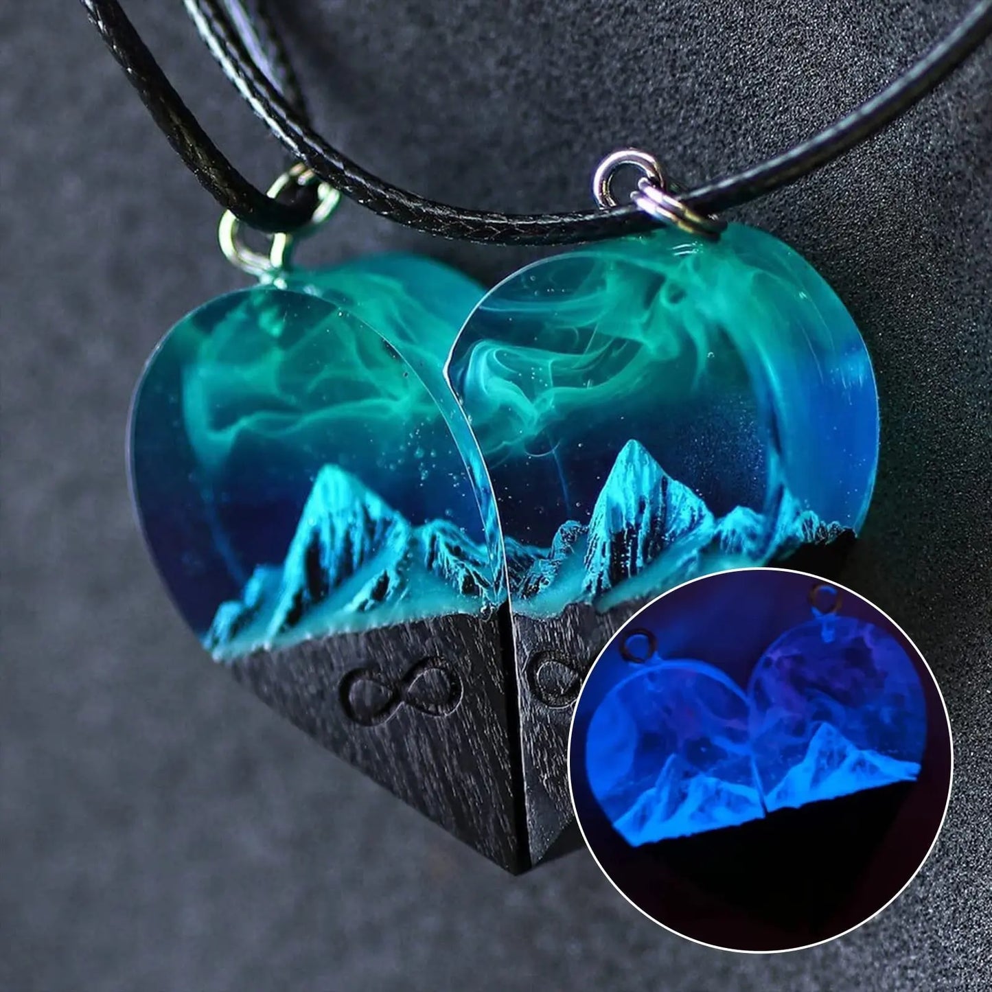 Epoxy Resin Necklace Wooden Pendant Mountains Heart Pendants Paired - Blade & Thread