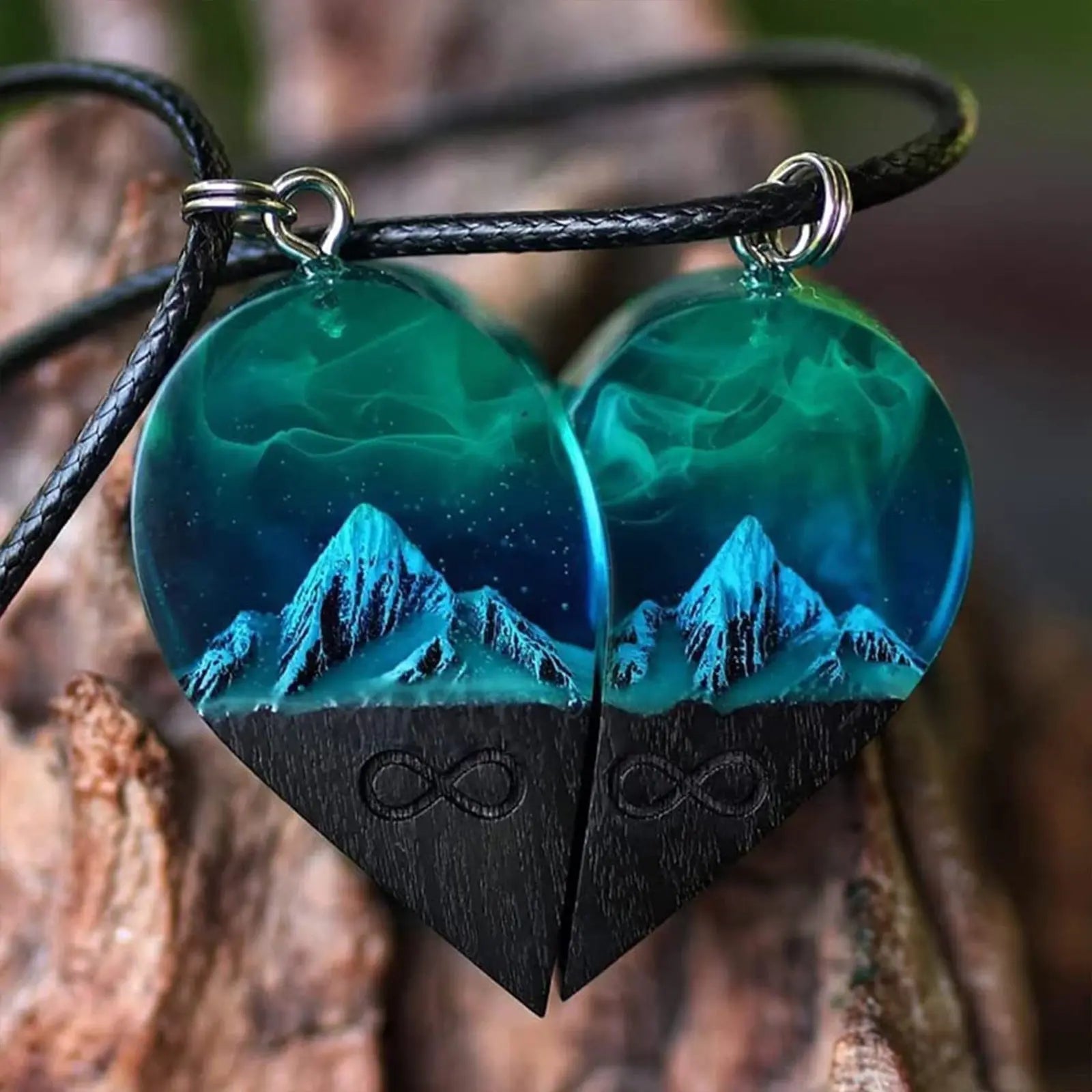 Epoxy Resin Necklace Wooden Pendant Mountains Heart Pendants Paired - Blade & Thread
