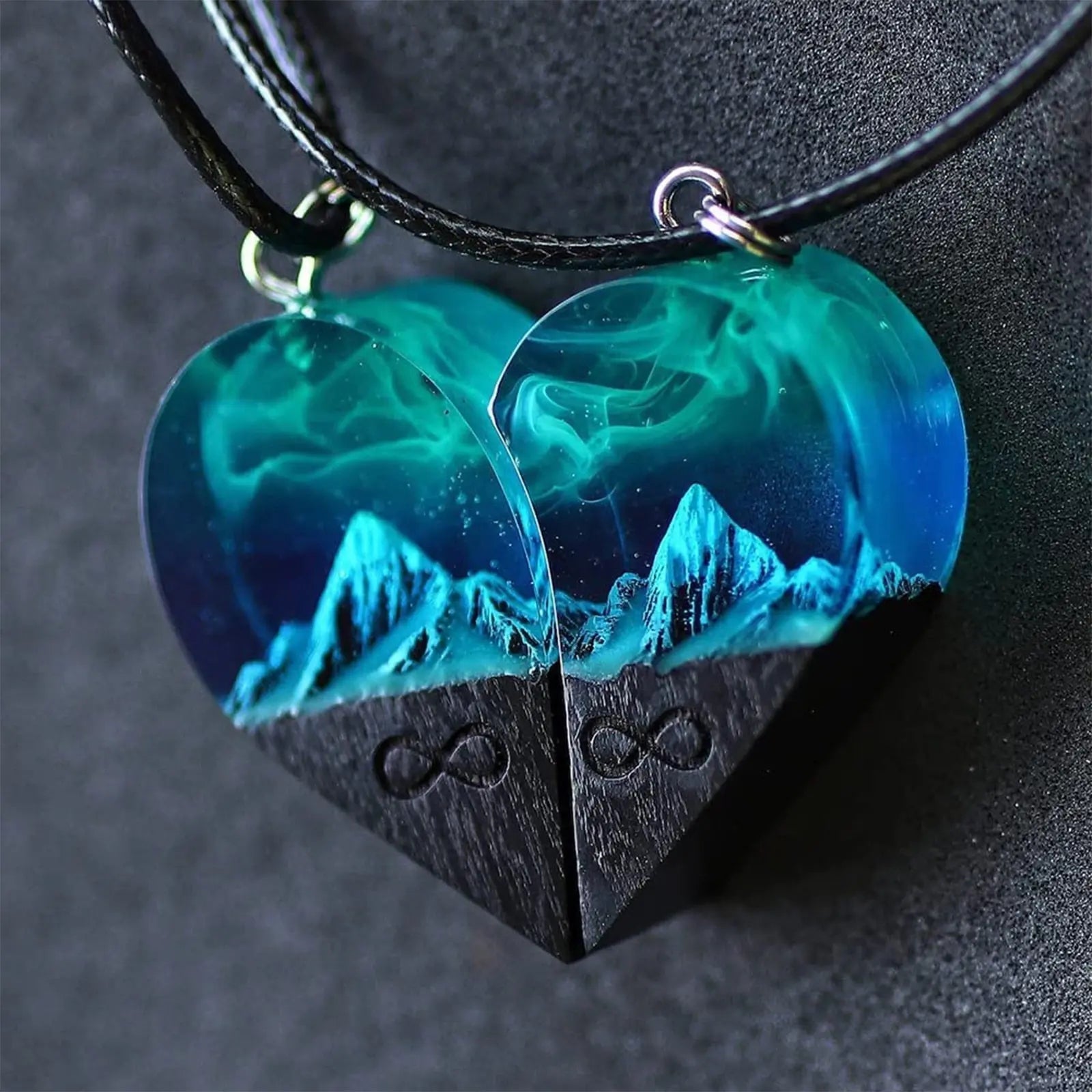 Epoxy Resin Necklace Wooden Pendant Mountains Heart Pendants Paired - Blade & Thread